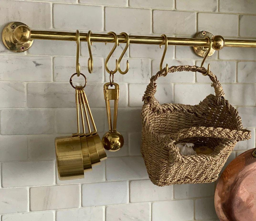 Unlacquered Solid Brass Hanging Pot Rack. Brass Kitchen Rail,kitchen hanging Rail.Brass hooks.Hooks for kitchen.Pipe rai