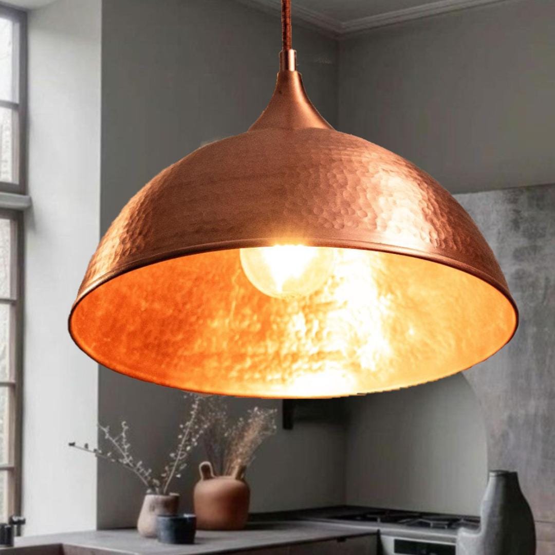 Solid Copper Pendant Lamp,Rustic Handcrafted Patina Copper Ceiling Light,Farmhouse Pendant Fixture.Island Lighting.dome 