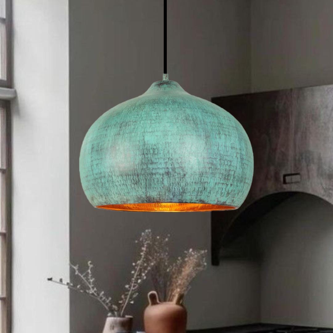Oxidized Copper Dome Pendant Light,dome Light,Green Patina.Ceiling Light.oxidized lamp.island Hanging Light Fixture.Copp