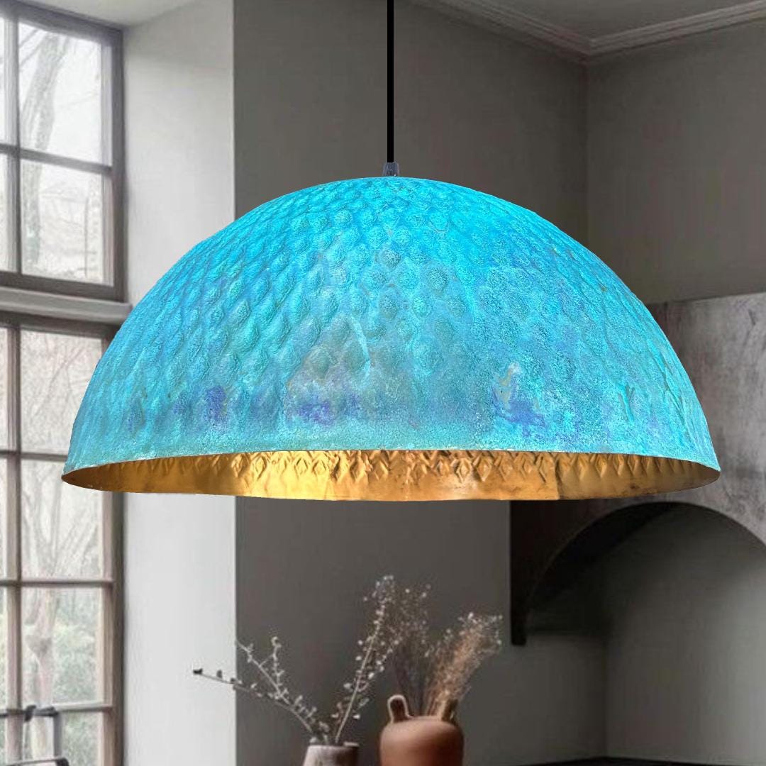 Hammered Copper Pendant Light,Elegant Patina Copper Pendant Light,Handcrafted Rustic Hanging Lamp.Patina Dome Ceiling La