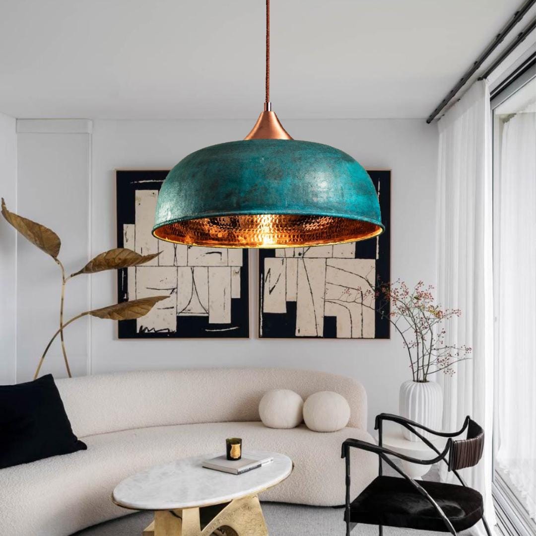 Oxidized Copper Dome Pendant Light,dome Light,Green Patina.Ceiling Light.oxidized lamp.island Hanging Light Fixture.Hang