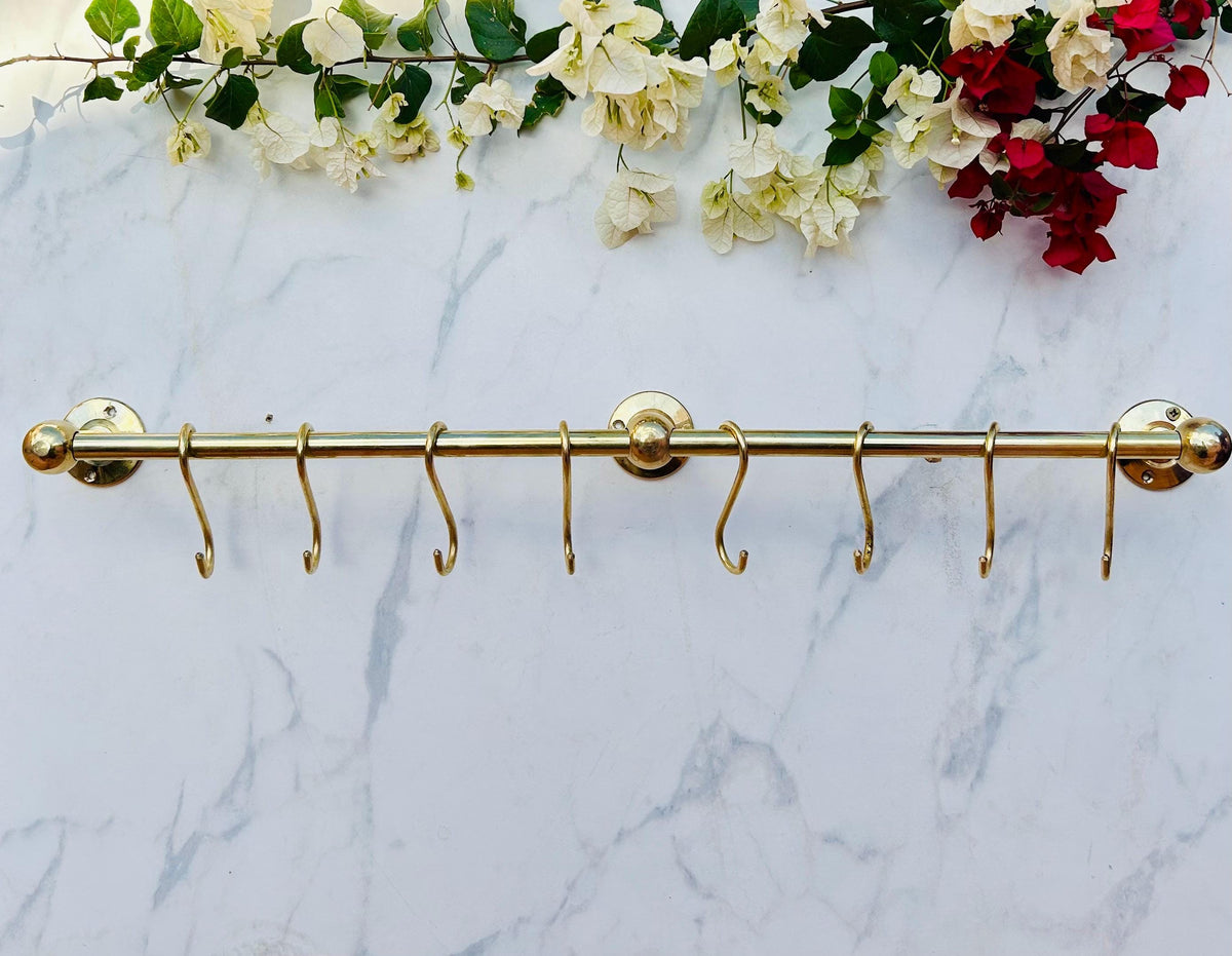 Unlacquered Solid Brass Hanging Pot Rack. Brass Kitchen Rail,kitchen hanging Rail.Brass hooks.Hooks for kitchen.Pipe rai