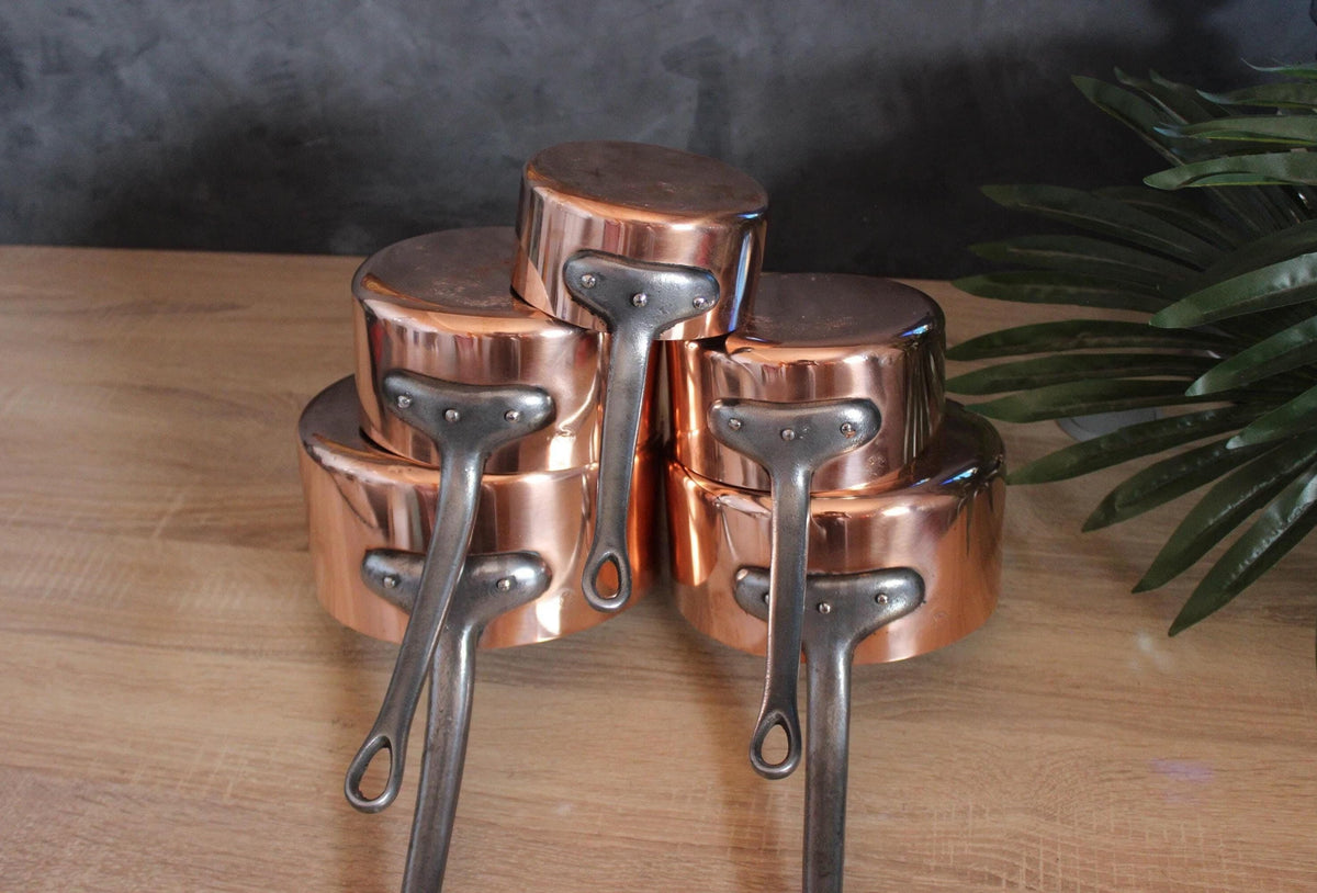Vintage French Copper Cookware Set: Tin Lined Hammered Pans