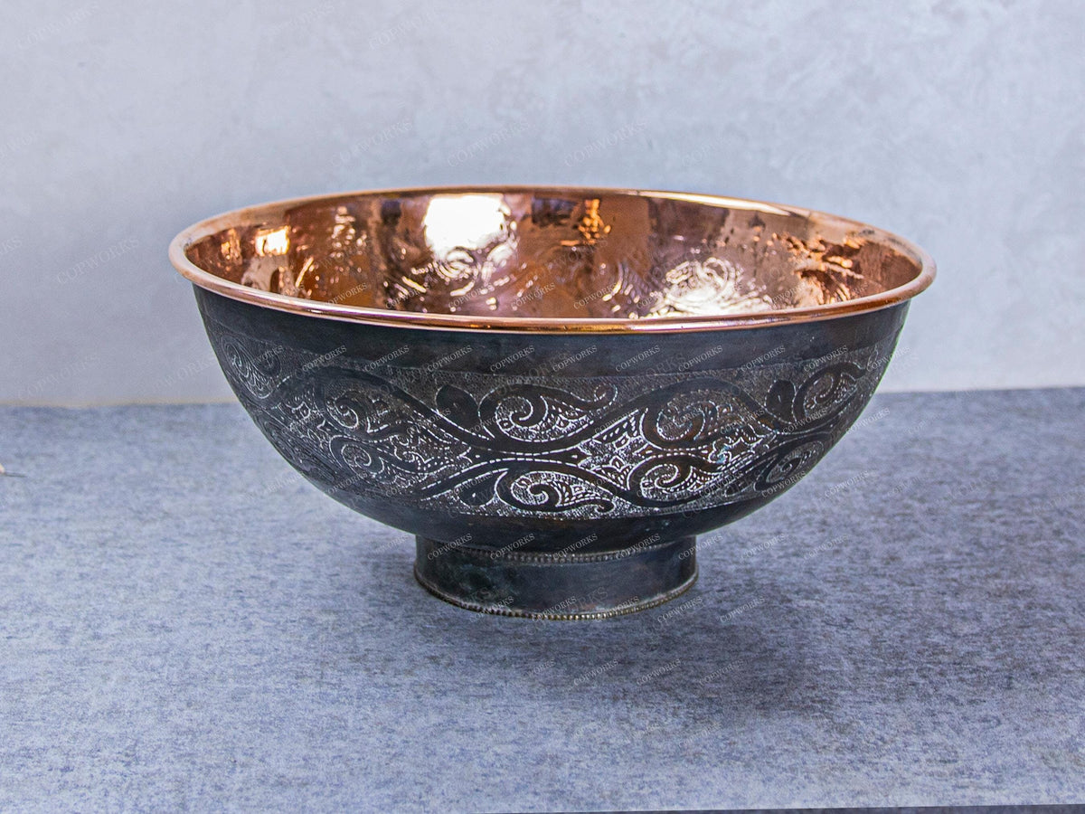 Engraved Black Copper Bowl Sink: Rustic Hammered Vessel