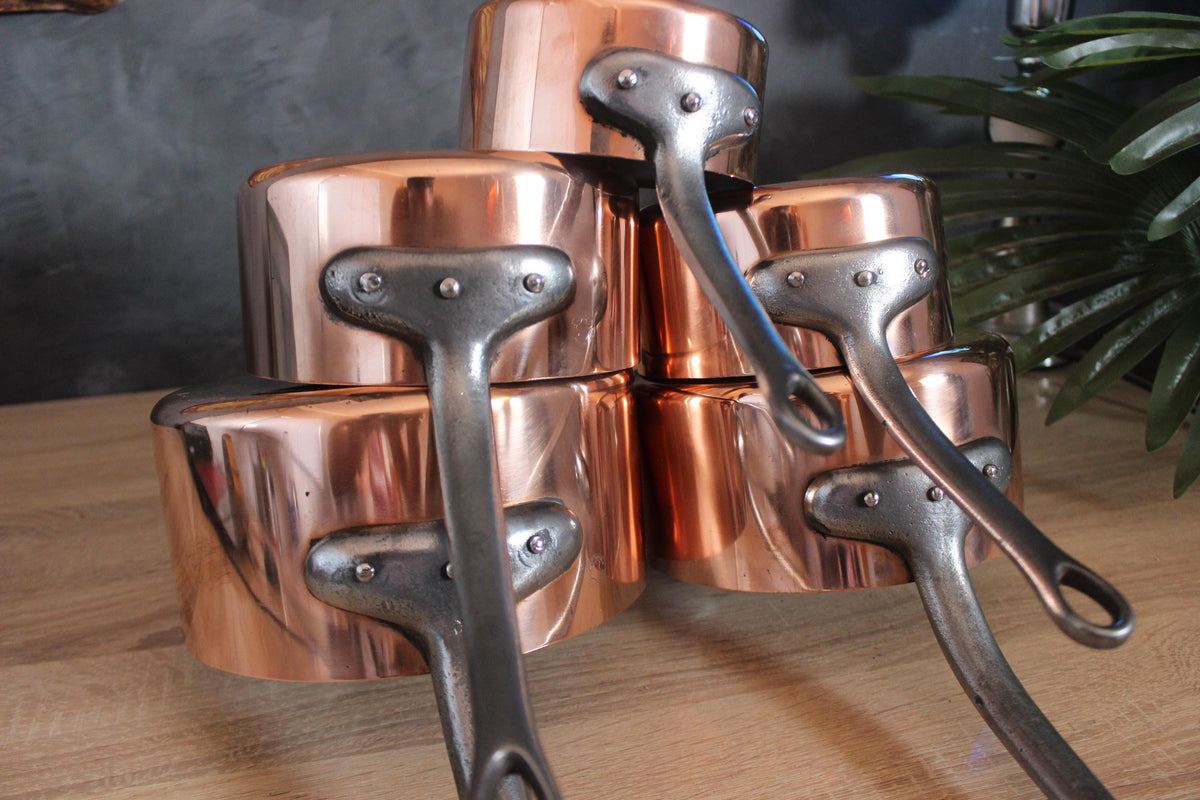 Vintage French Copper Cookware Set: Tin Lined Hammered Pots