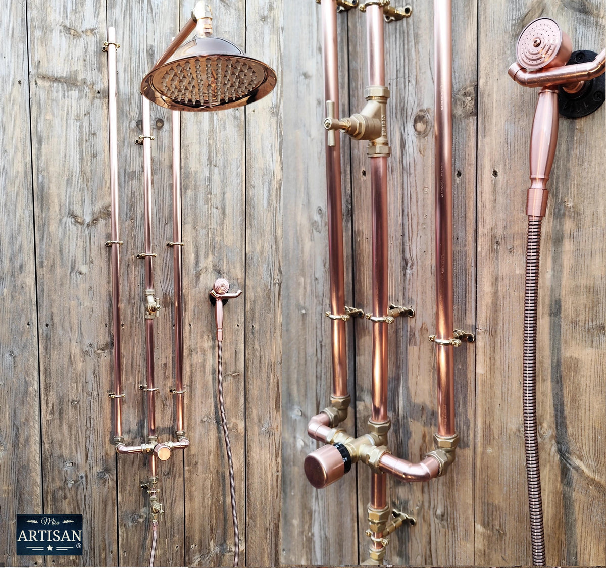 Thermostatic Copper Shower With Ceiling Pipes And Hand Sprayer - Exposed Copper Pipe - Any Size Made - Outdoor / Indoor 