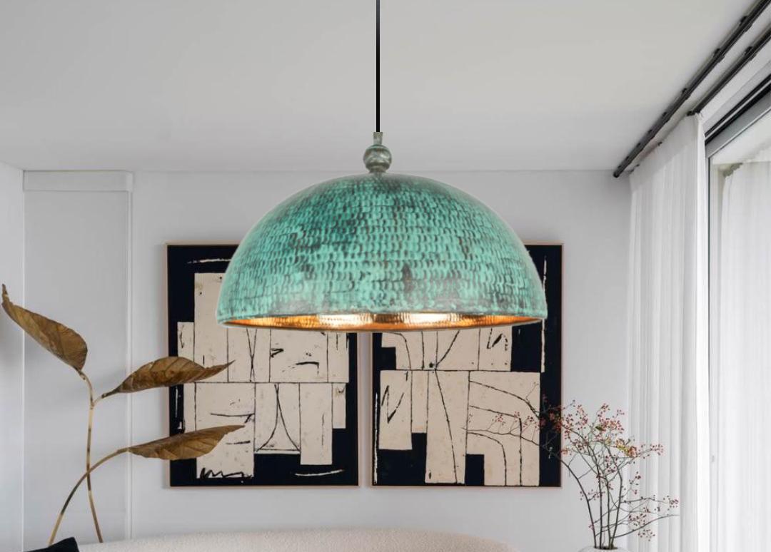 Oxidized Copper Dome Pendant Light,dome Light,Green Patina.Ceiling Light.oxidized lamp.island Hanging Light Fixture.Copp