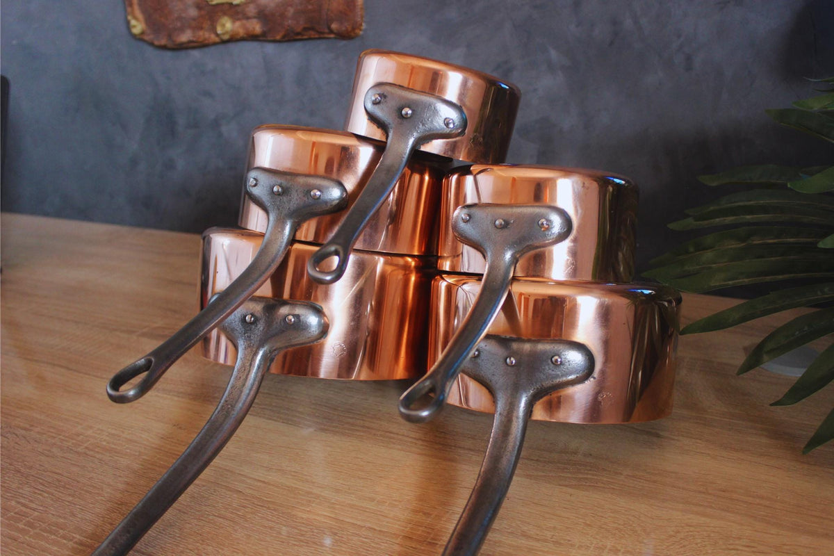Vintage French Copper Cookware Set: Tin Lined Hammered Pans