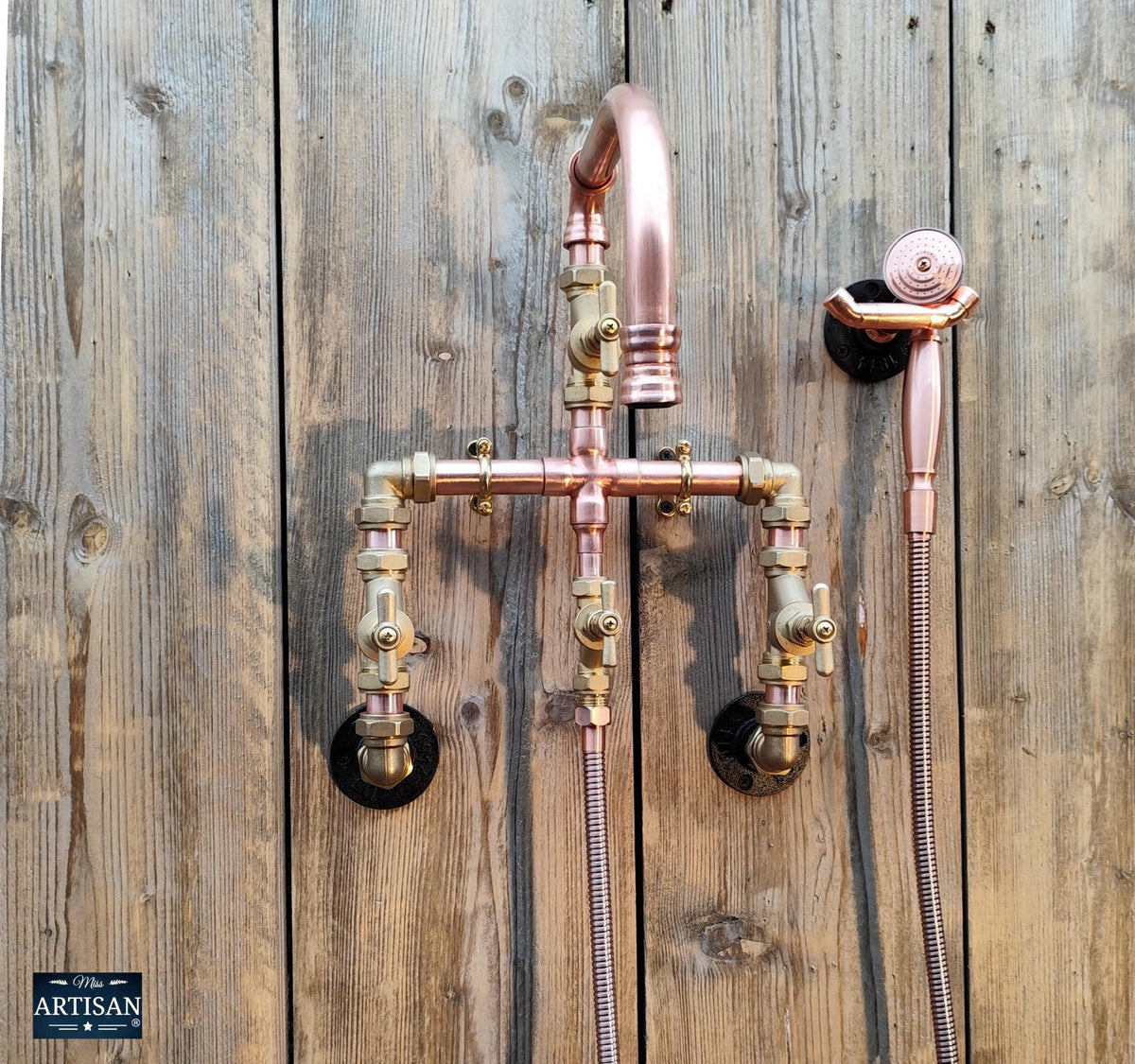 Wall Mounted Copper Pipe Mixer Tap With Hand Sprayer - Swivel Spout - Rustic / Vintage / Industrial