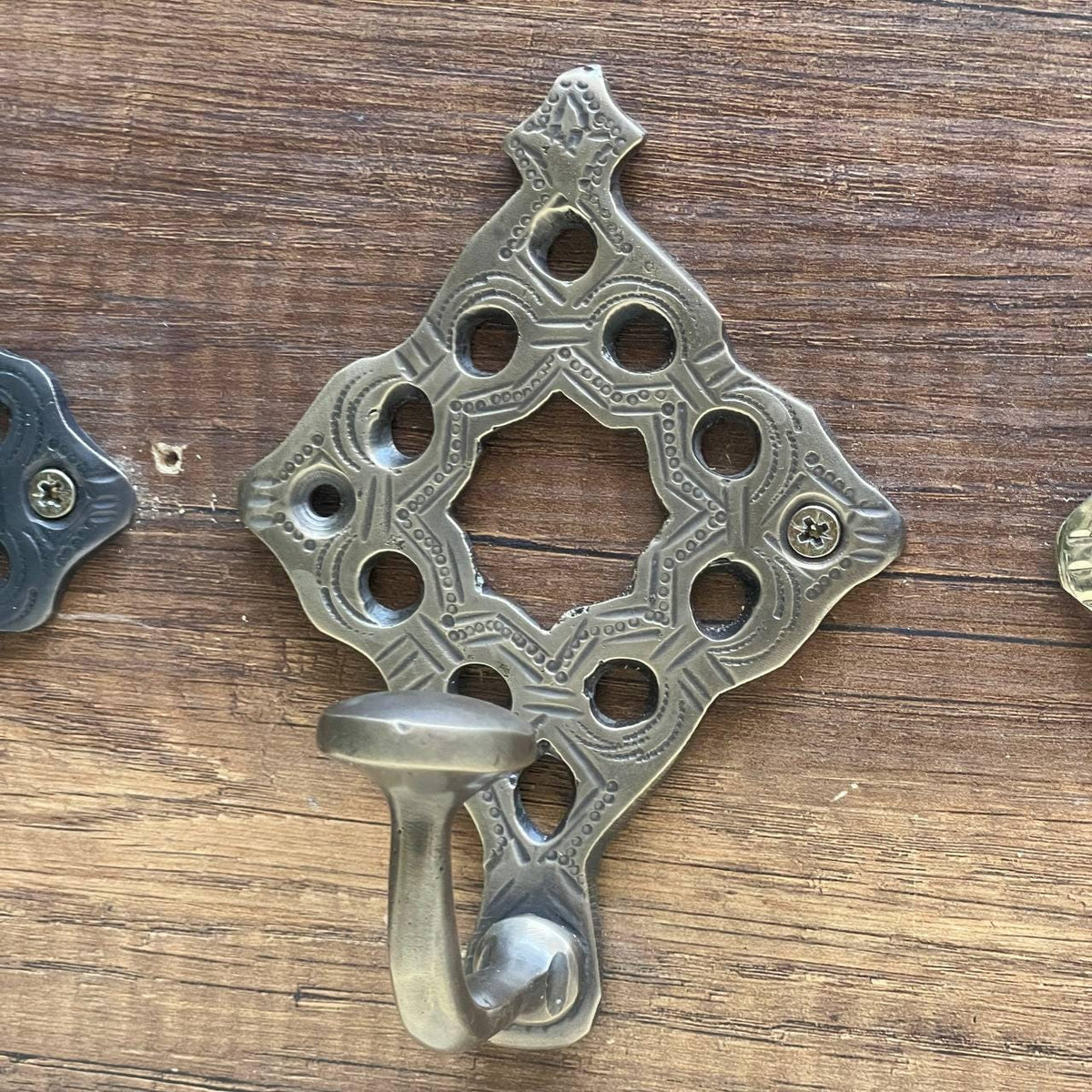 Moroccan Brass Wall Hooks - Handmade Decorative Towel and Robe Holder Vintage-Style Coat Hook for Entryway and Bathroom.