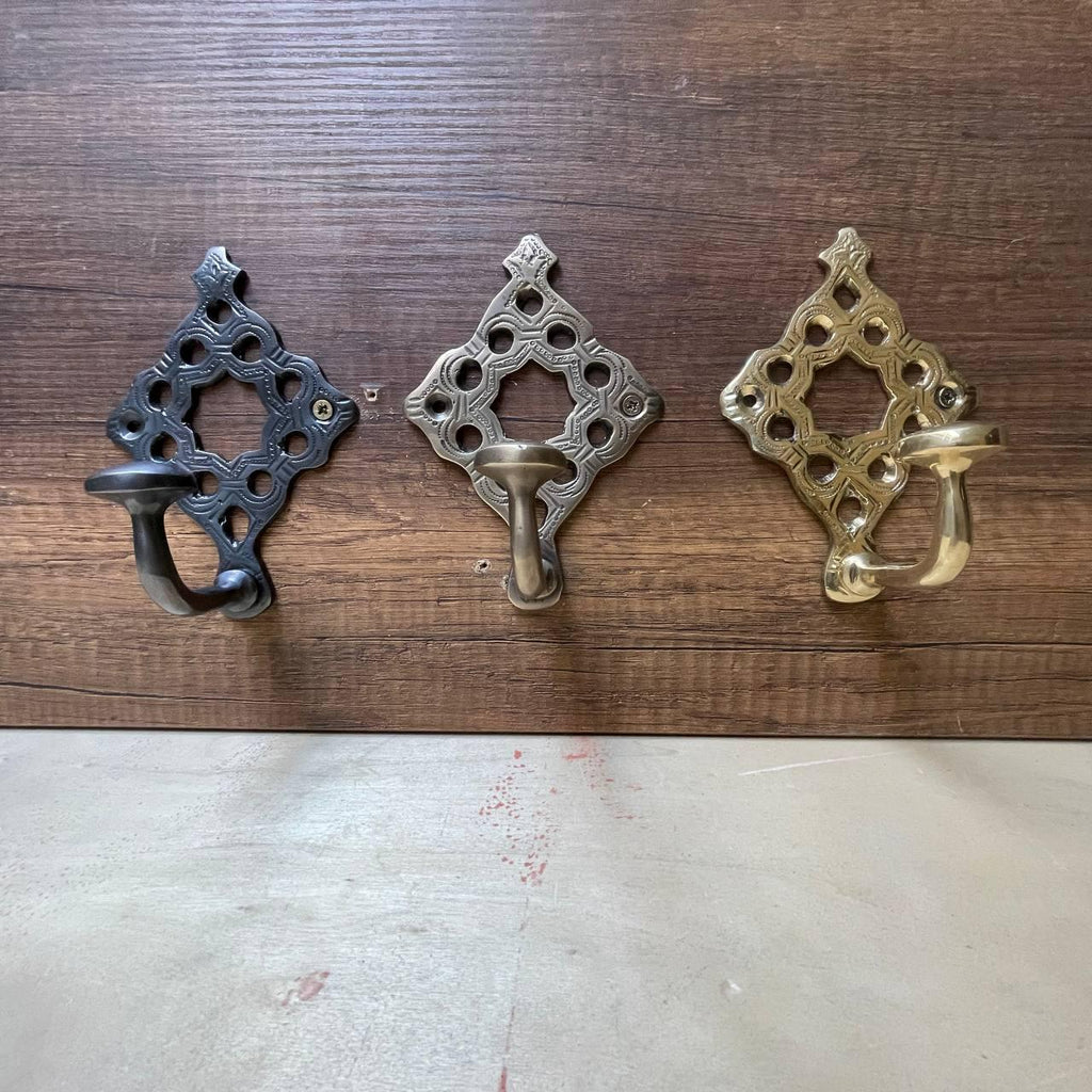 Moroccan Brass Wall Hooks - Handmade Decorative Towel and Robe Holder Vintage-Style Coat Hook for Entryway and Bathroom.