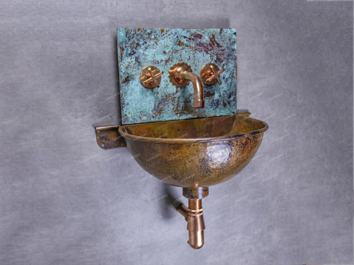 Hammered Copper Wall Mounted Bathroom Sink,Vintage Copper Wall-hung basin With Oxidized Backplate