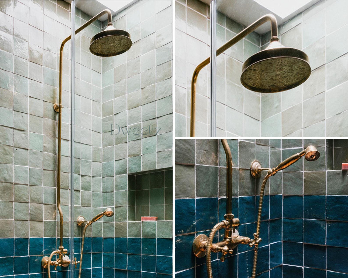 Unlacquered Brass Shower System: Rainfall Showerhead & Handheld