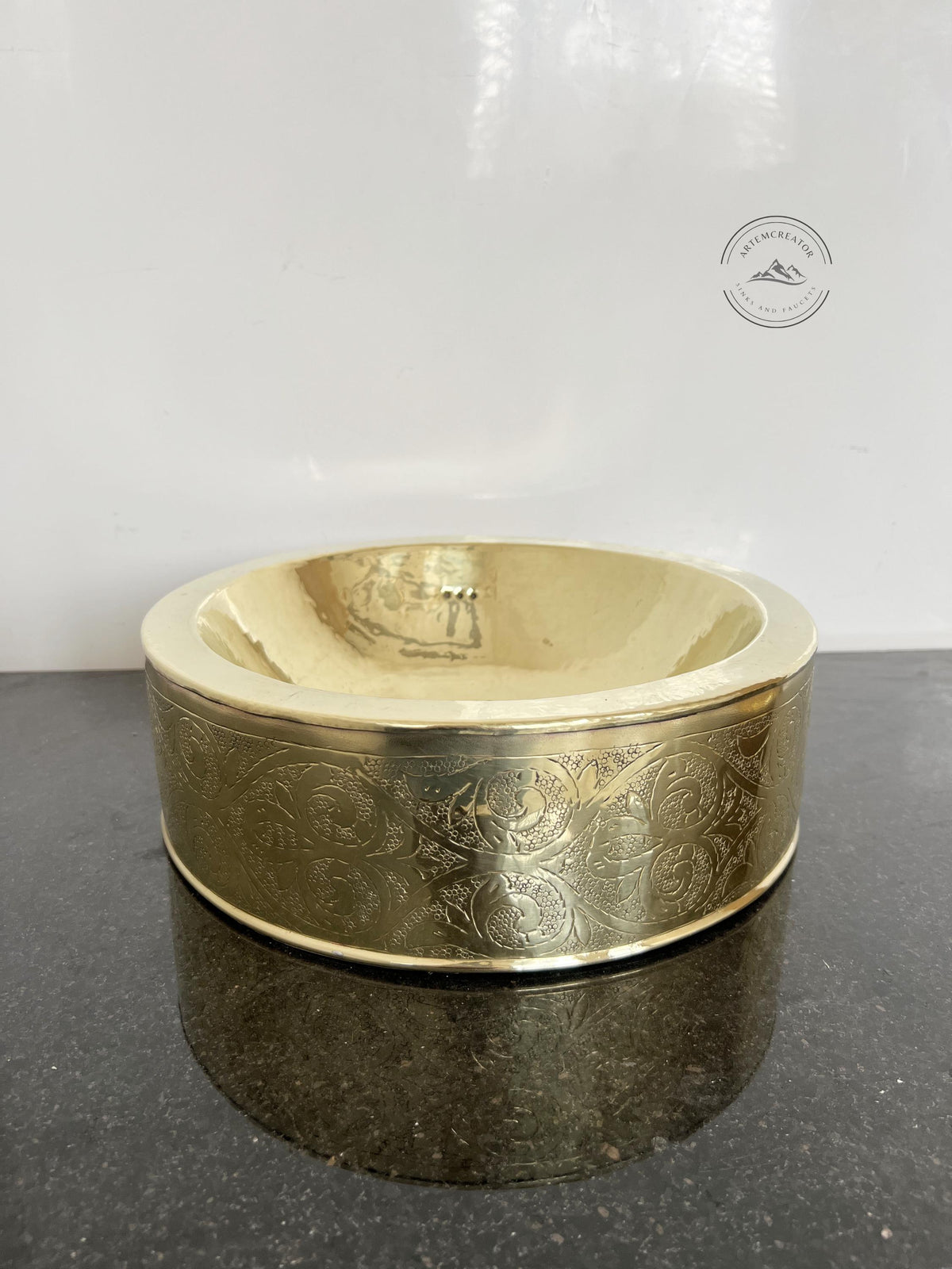 Engraved Brass Round Sink with Hammered Interior, Custom Unlacquered Brass Bathroom Sink, Brass Vanity Basin, Luxury Ves