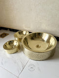 Engraved Brass Round Sink with Hammered Interior, Custom Made Unlacquered Brass Bathroom Sink, Brass Vessel