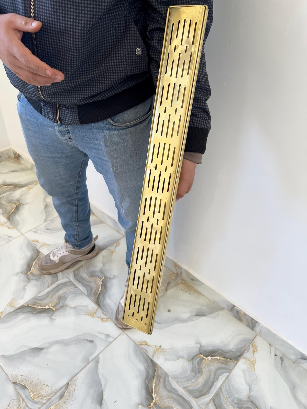 Uncoated Solid Brass Linear Shower Drain, Rectangular Handmade Moroccan Floor Drain, Luxury Brass Bathroom & Shower Drai
