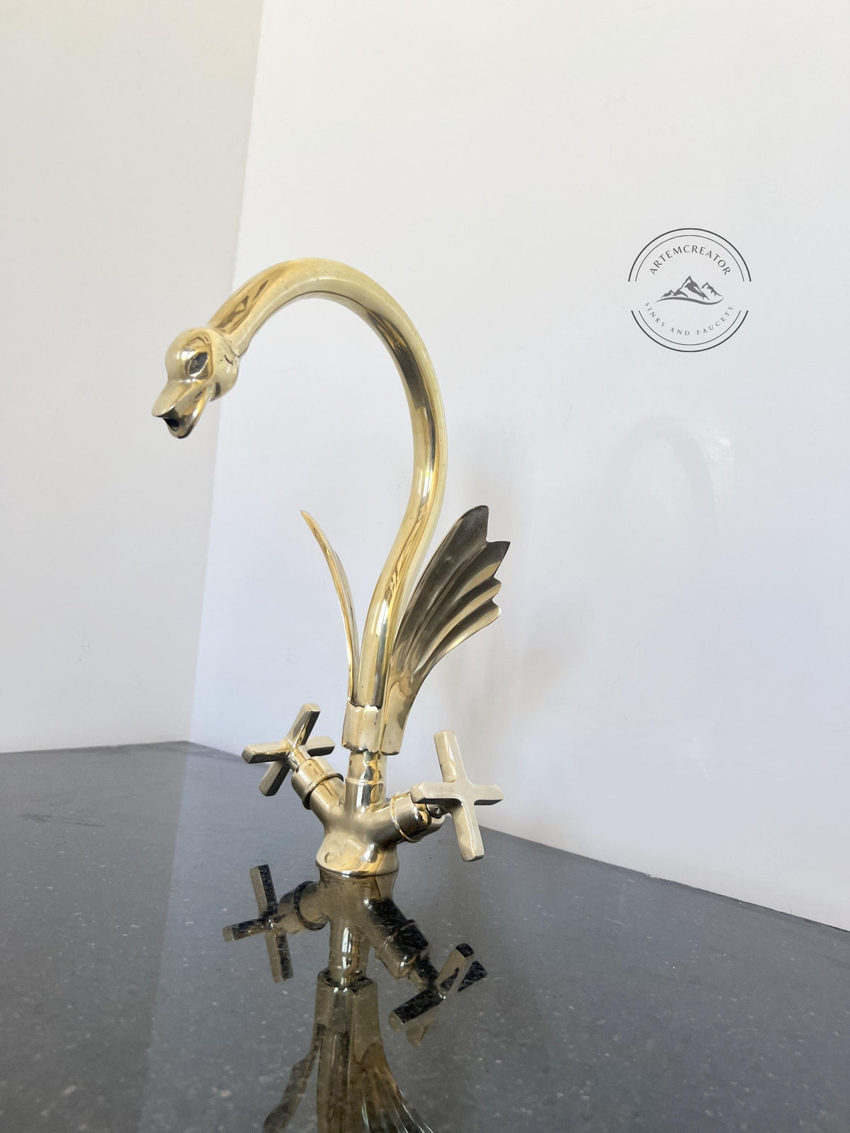 Unlacquered Brass Swan Faucet with Two Handles, Engraved Antique Brass Bathroom Fixture, Luxurious Gooseneck Swan Design