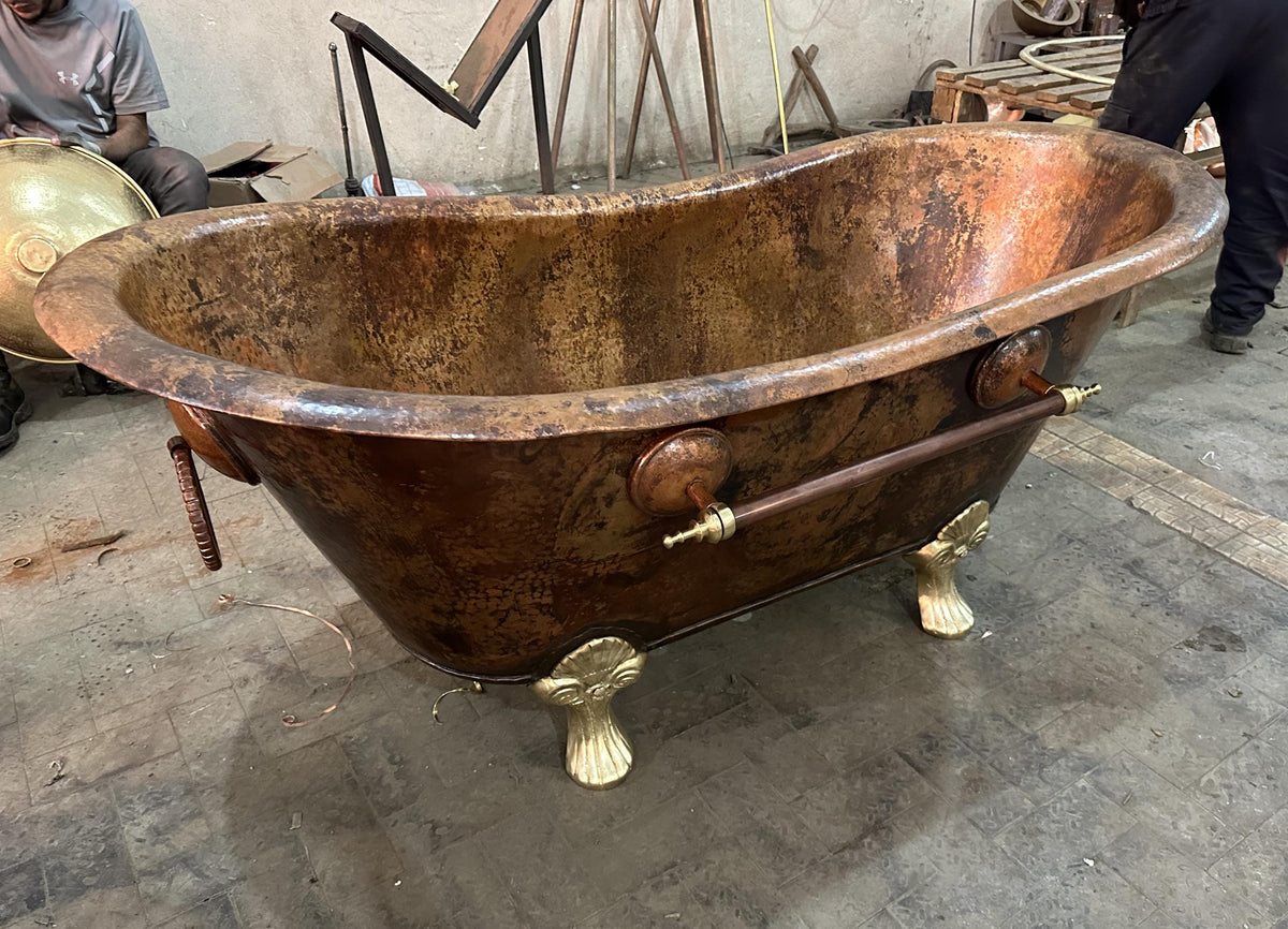 Handmade Copper Clawfoot Bathtub with Towel Rings - Rustic Farmhouse Style