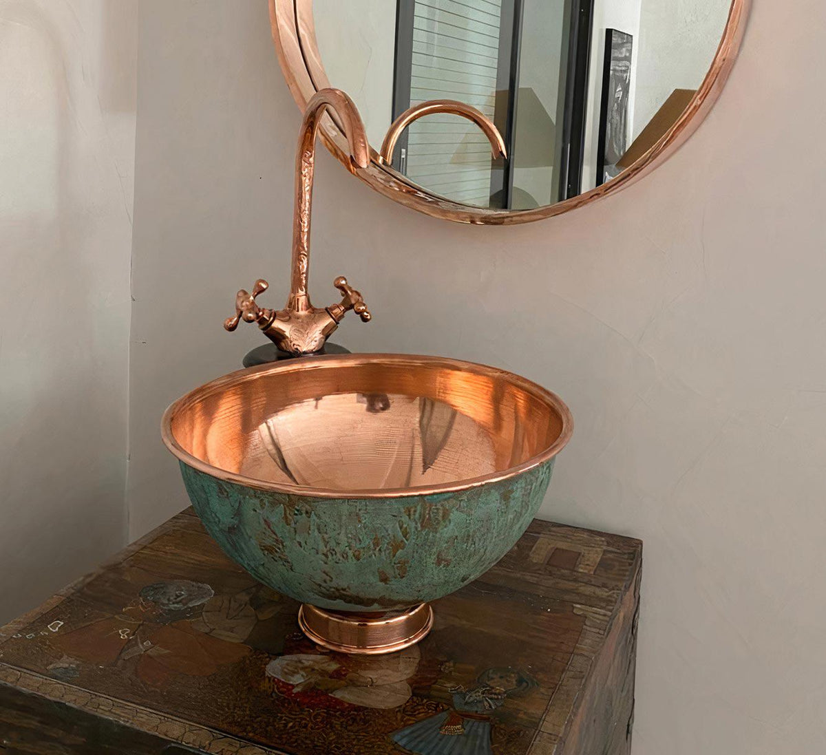 Green Patina Copper Bathroom Sink: Oxidized Wash Basin