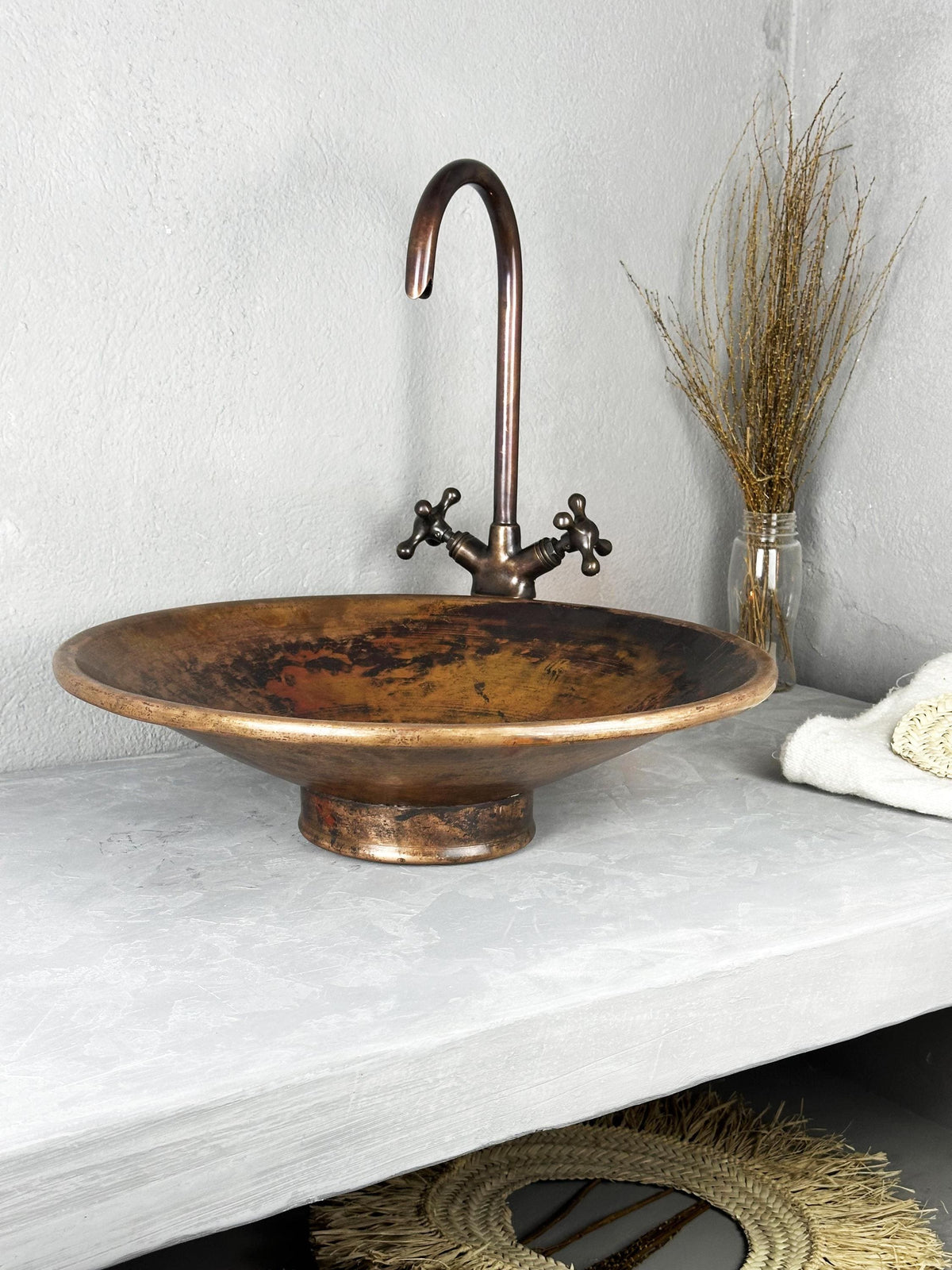 Aged Copper Vessel Sink with Optional Faucet: Rustic Bathroom Wash Basin