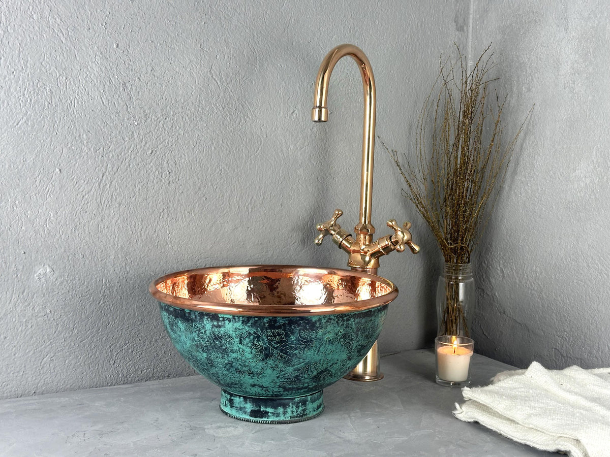 Hammered Copper Bathroom Sink: Green Patina Engraved Vessel