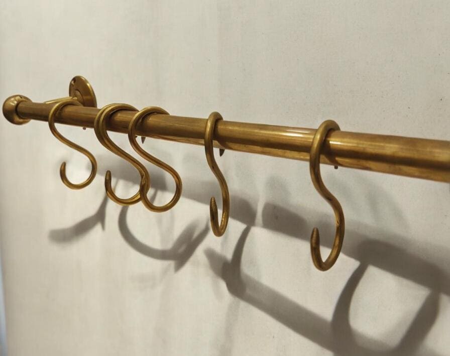 Unlacquered Brass Pot Rail, Kitchen Organizer, Wall Mounted Pot Rack Rod With S Hooks, Hanging Pot And Pan