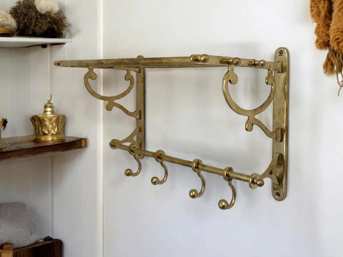 Vintage Solid Brass Towel Rack with Shelf & Hooks
