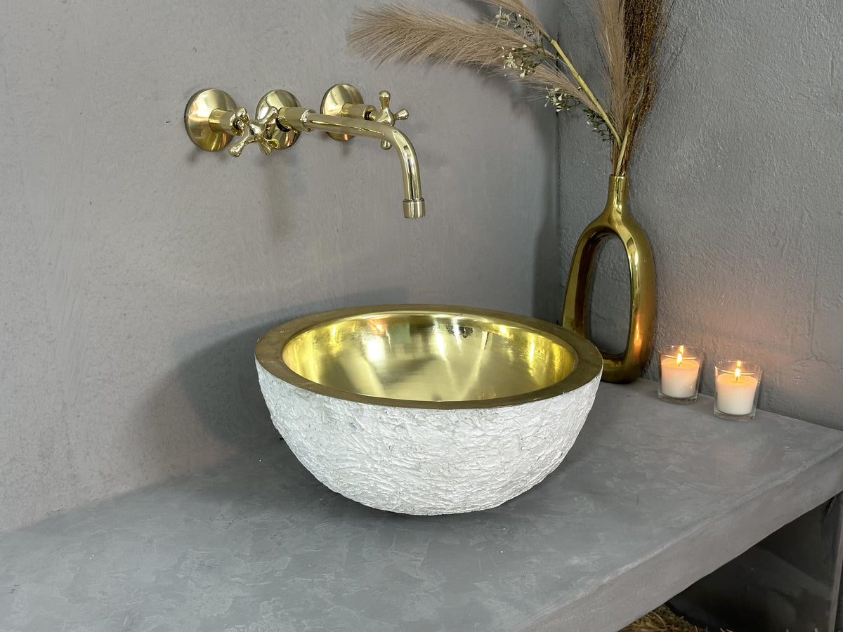Handmade Brass Vessel Sink: White & Gold Round Bathroom Basin