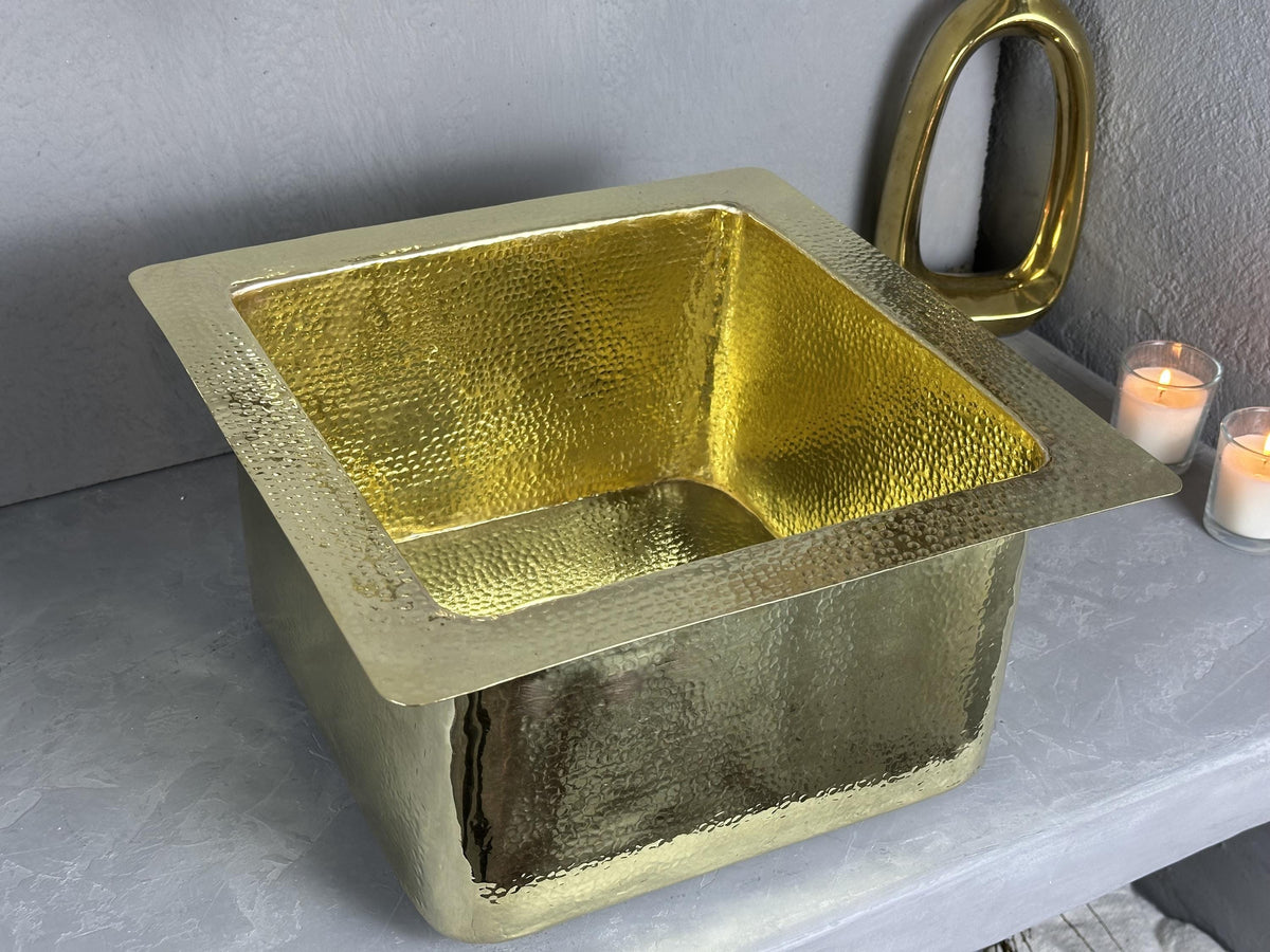 Handmade Hammered Brass Bar Sink: Unlacquered Single Bowl with Drain