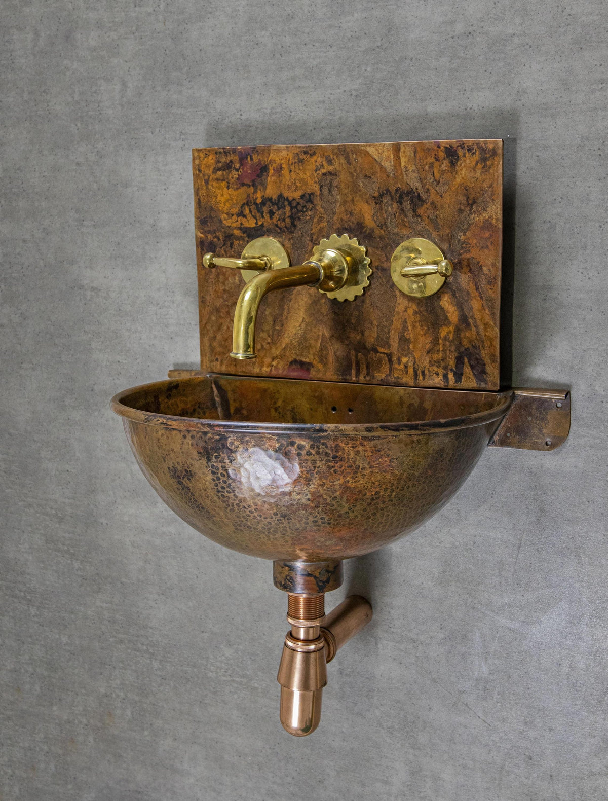 Hammered Copper Wall Hung Sink with Brass Faucet: Bathroom Basin Set