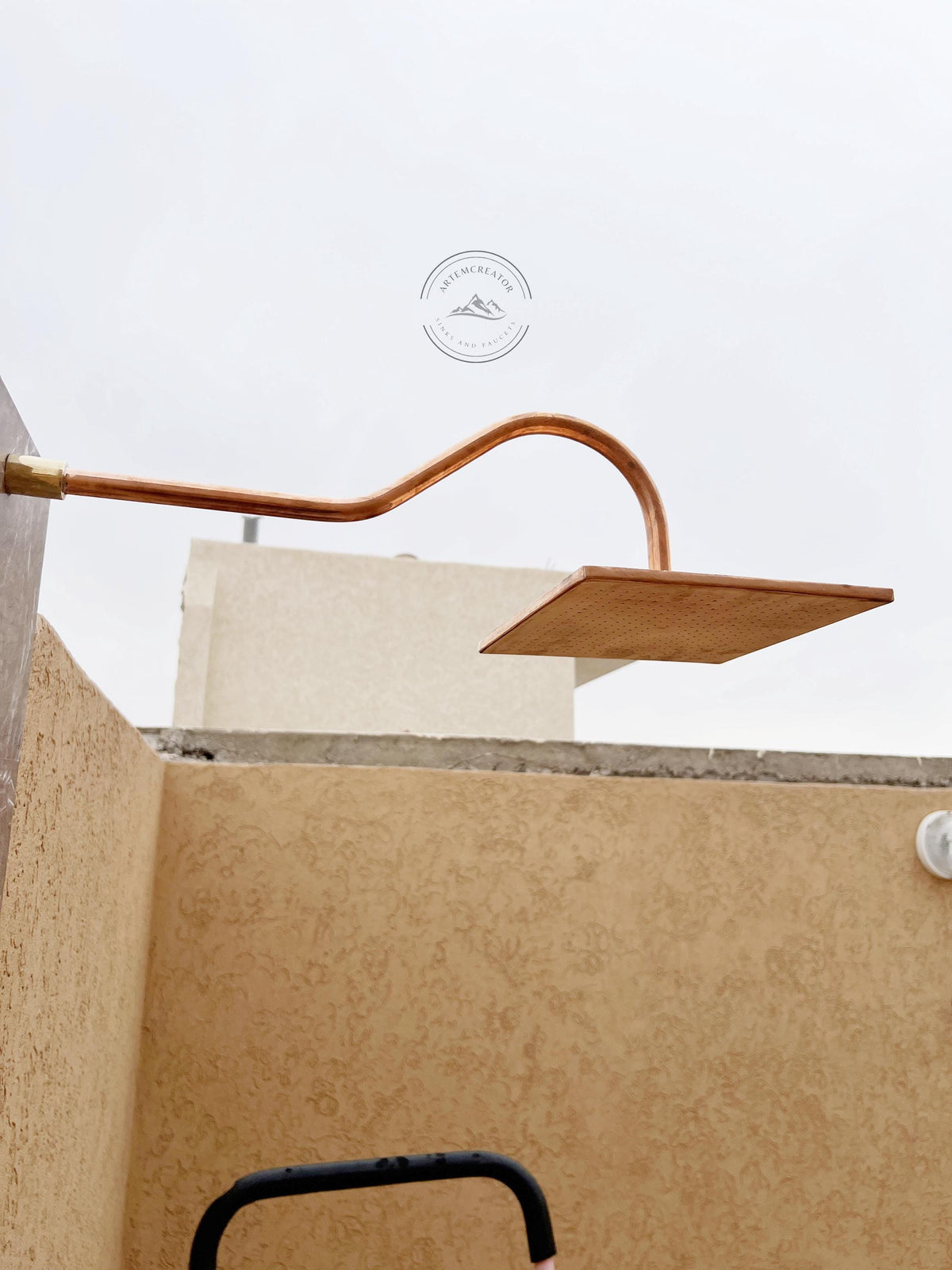 Unlacquered Copper Shower System with Flat Round Shower Head & Arcuate Arm, Solid Brass Rainfall Shower Head with Extens