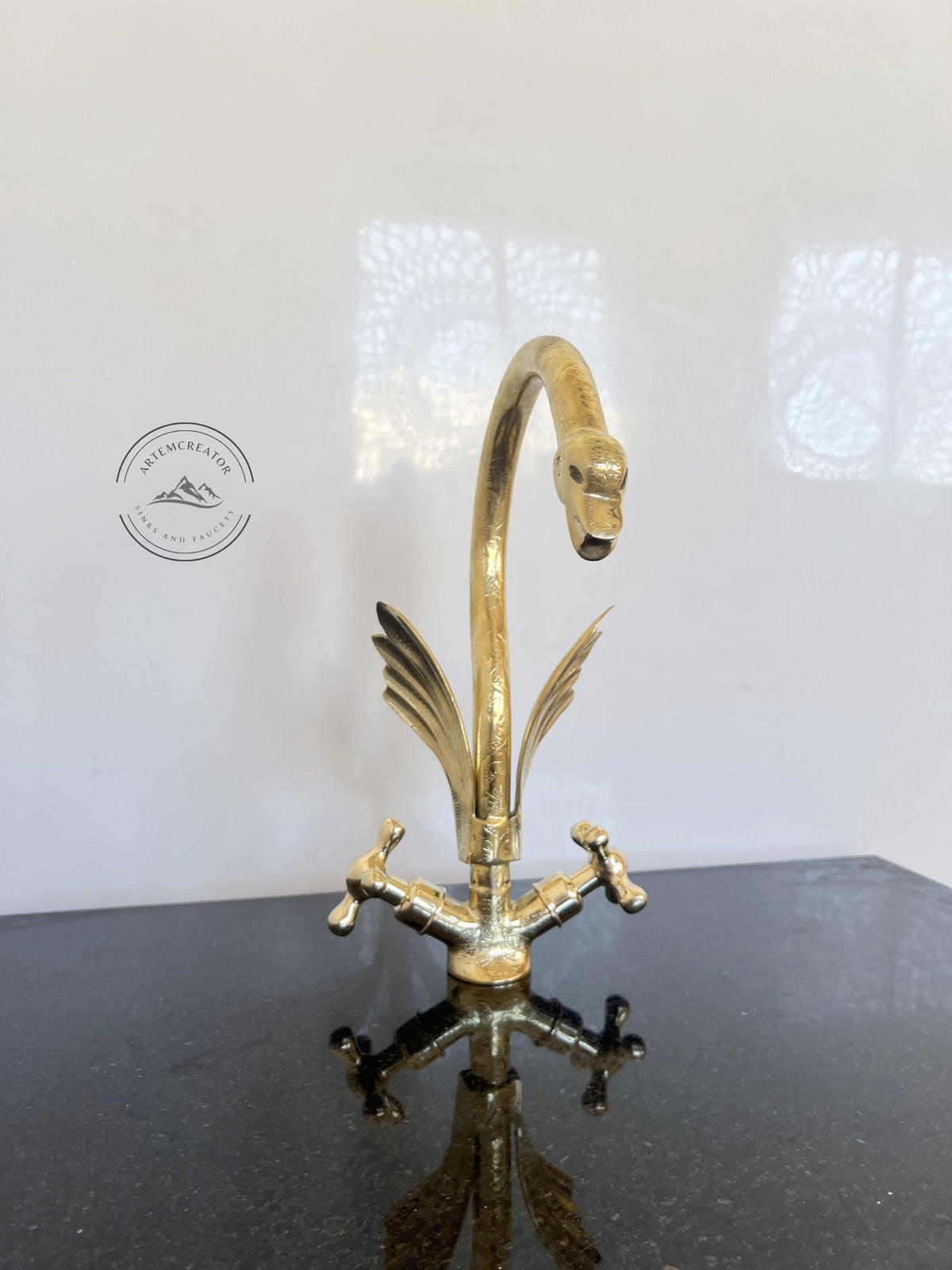 Unlacquered Brass Swan Faucet with Two Handles, Engraved Gooseneck Bathroom Faucet, Luxurious Brass Sink Fixture, Swan D