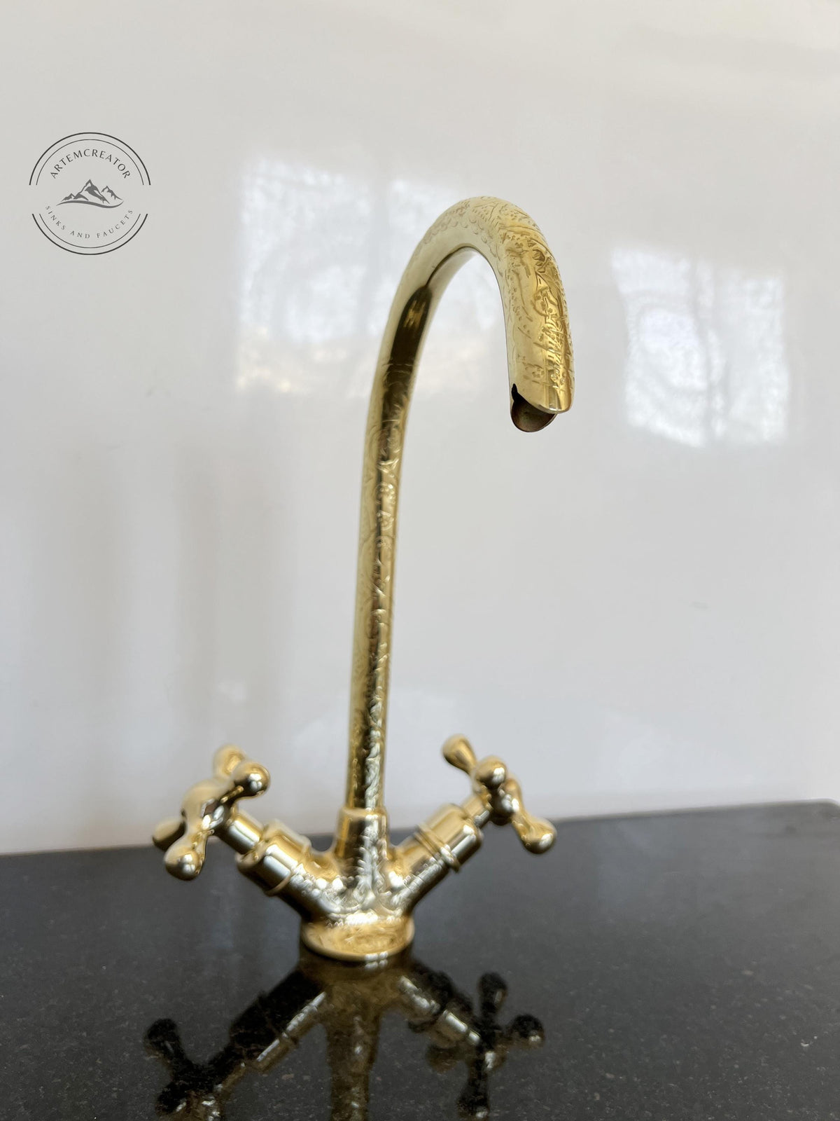 Unlacquered Brass Gooseneck Faucet with Engraved Finish, Solid Brass Kitchen or Bar Sink Faucet, Swan Neck Design for Va