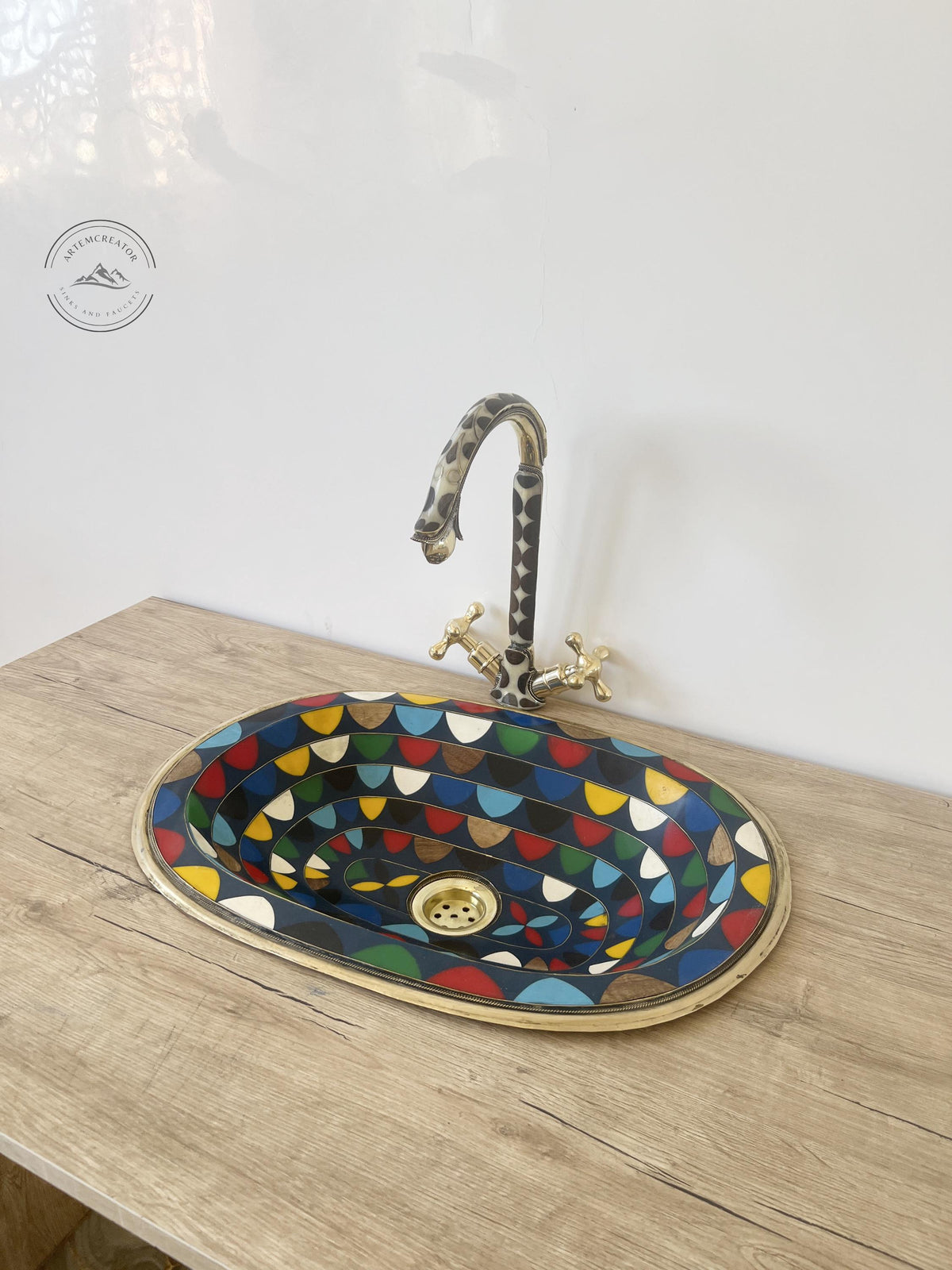 Colorful Resin Inlaid Brass Sink, Unlacquered Brass Drop-In Bathroom Basin, Wood and Brass Vanity Sink, Elegant Antique 