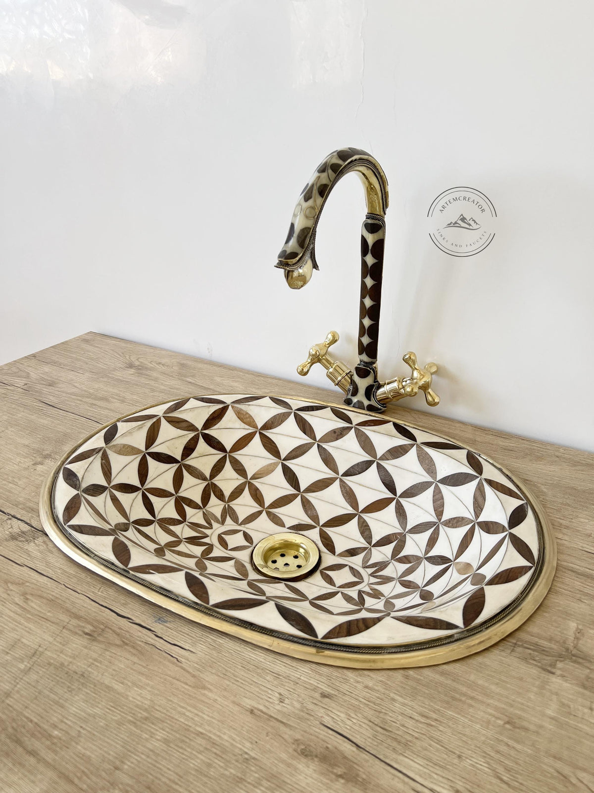 Brass and Wood Oval Drop-In Sink, Handmade Unlacquered Brass Bathroom Vanity Sink, Style Basin for Powder Room, Brass Dr