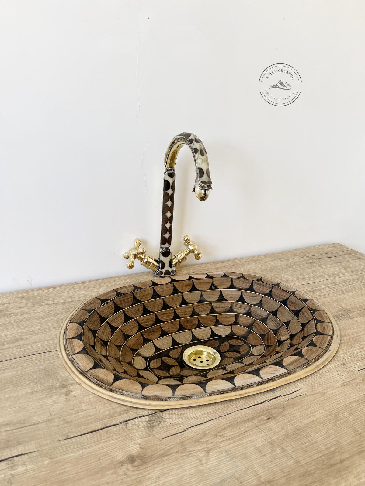 Brass Oval Drop-In Bathroom Sink, Handmade Solid Brass Sink with Walnut Wood and Resin Inlay, Unlacquered Brass and Wood