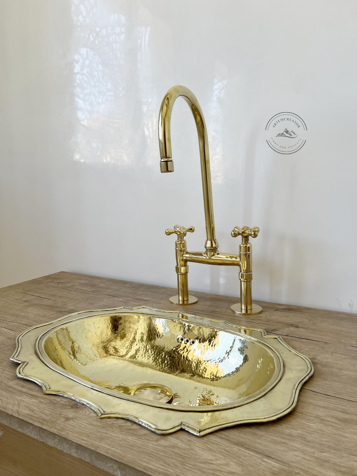 Unlacquered Solid Brass Bridge Faucet with Straight Legs and Handles, Vintage Kitchen Sink Fixture, Antique-Style Brass 