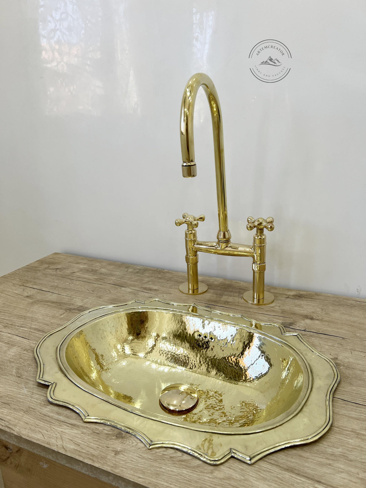 Antique-Style Unlacquered Brass Bridge Faucet for Kitchen – Ball Center Design with Lever Handles, Cold Tap, Handmade Vi