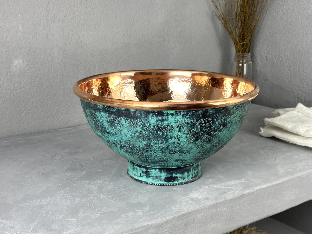 Verdigris Copper Vessel Sink: Rustic Green Handmade Bathroom Vanity
