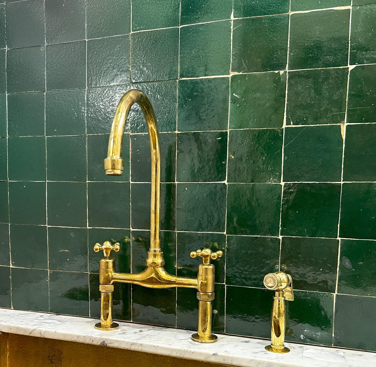 Handmade Unlacquered Brass Kitchen Faucet: Solid Brass with Sprayer