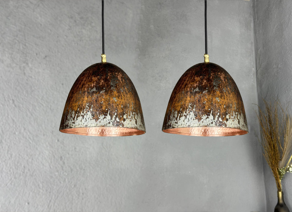 Oxidized Copper Pendant Lights - Handmade Vintage Farmhouse Hanging Lamps - Set of 2