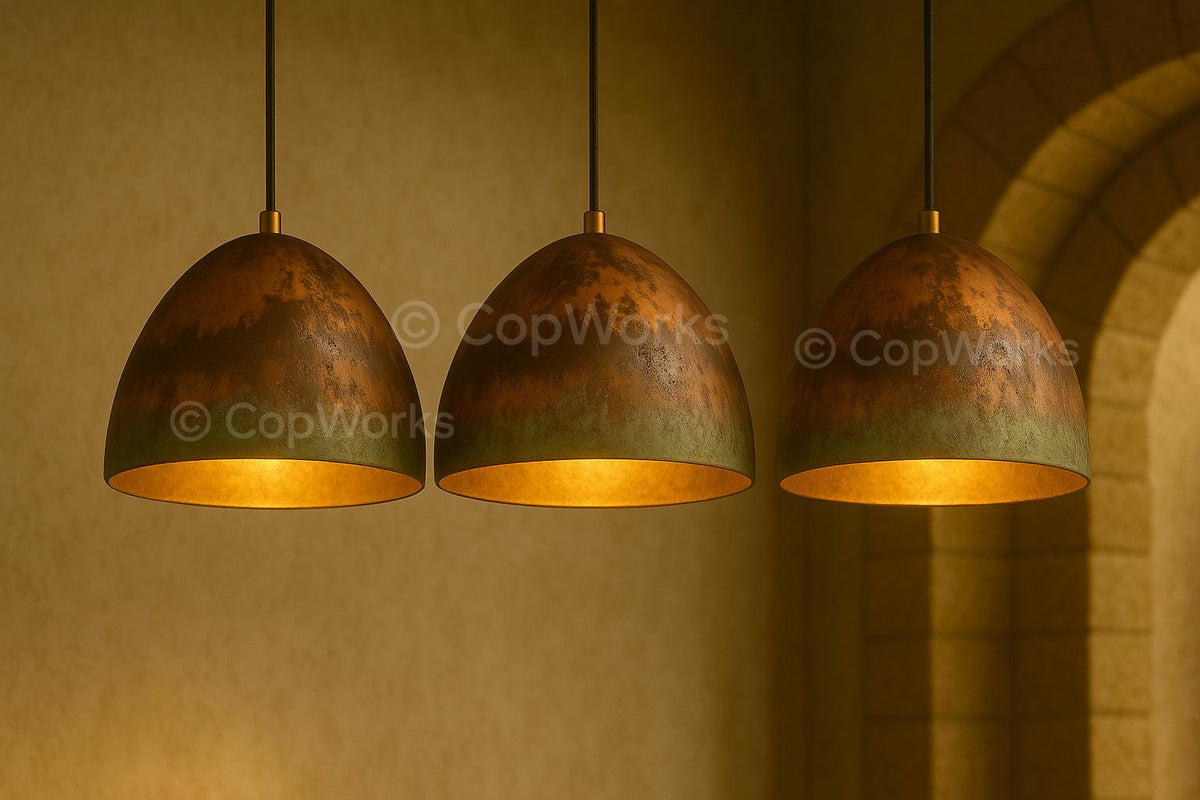 Set of 3 Oxidized Copper Dome Pendant Lights: Handmade Island Kitchen Lighting