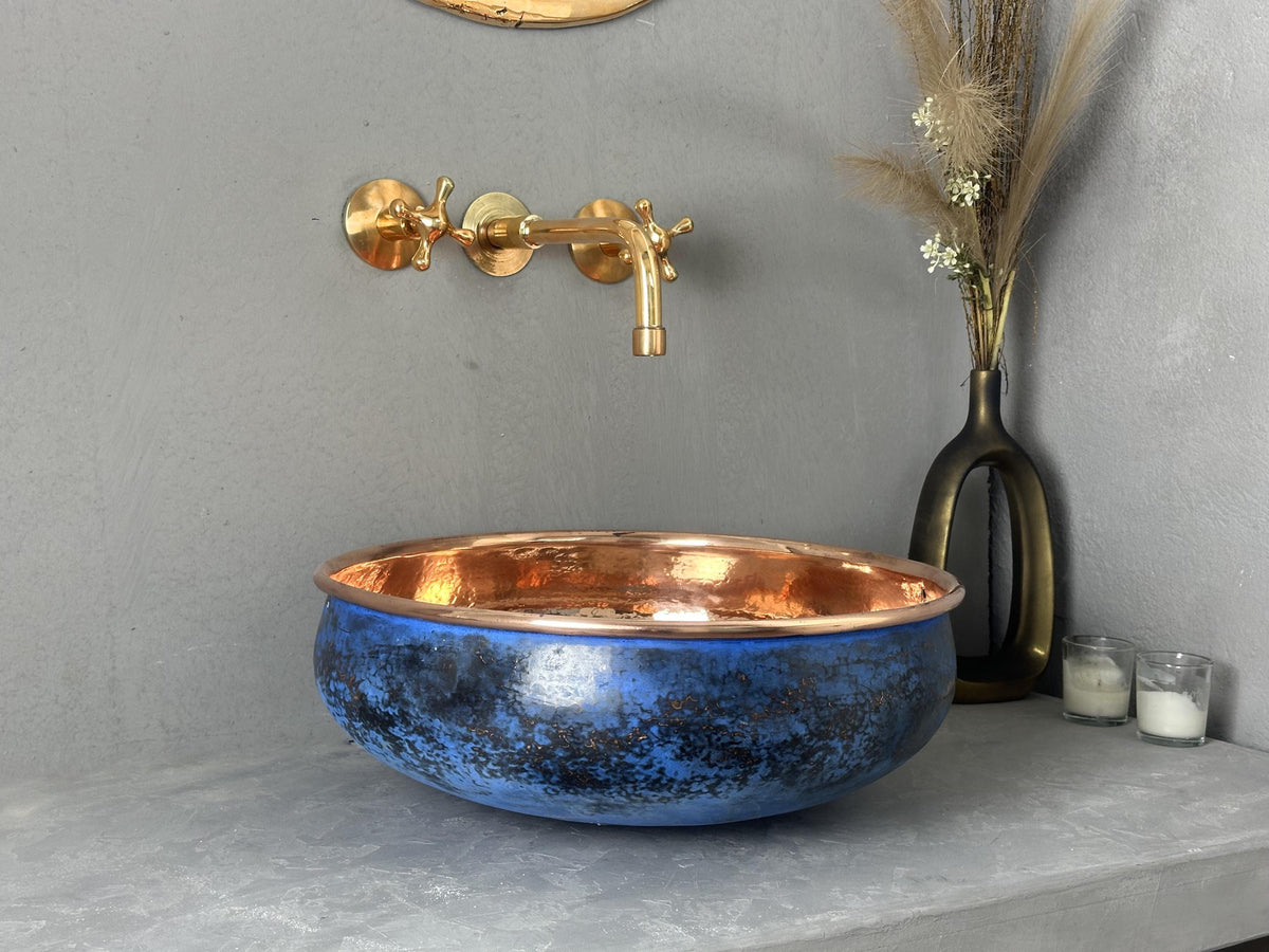Hammered Copper Vessel Sink: Blue Patina Round Bathroom Basin