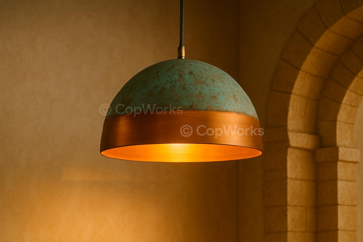 Green Patina Copper Pendant Light Fixture, Handmade Vintage Lighting Copper Dinning Table