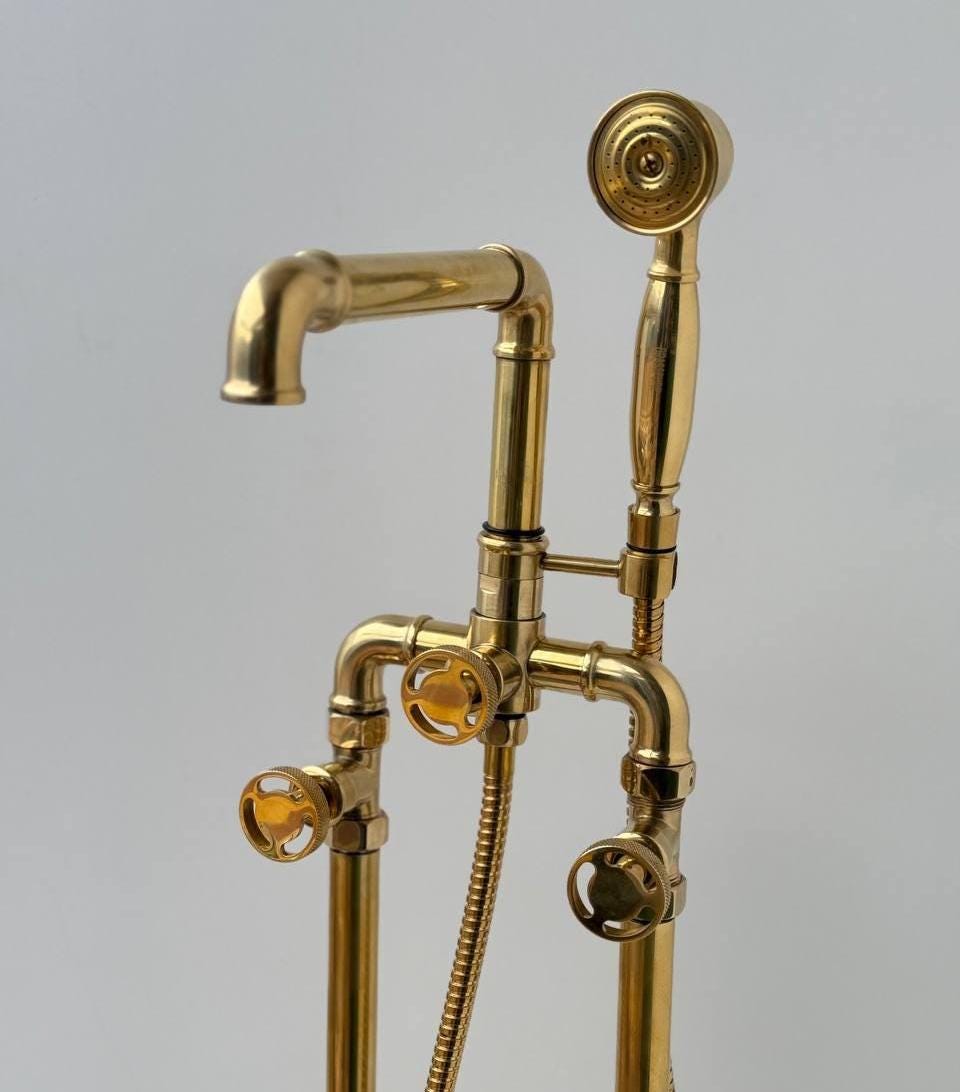 Unlacquered brass Tub Filler faucet, Vintage bathtub faucet, Freestanding Tub Filler Faucet