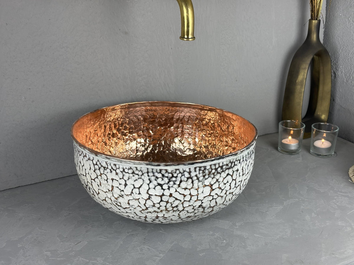 Handcrafted White Copper Vessel Sink: Rustic Farmhouse Bathroom Basin