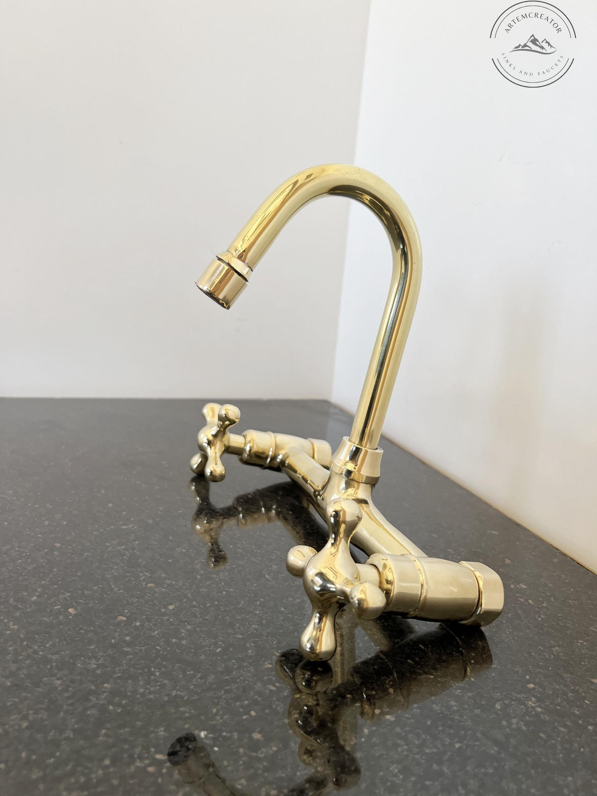 Unlacquered Brass Gooseneck Faucet with Engraved Finish, Solid Brass Kitchen or Bar Sink Faucet, Swan Neck Design for Va