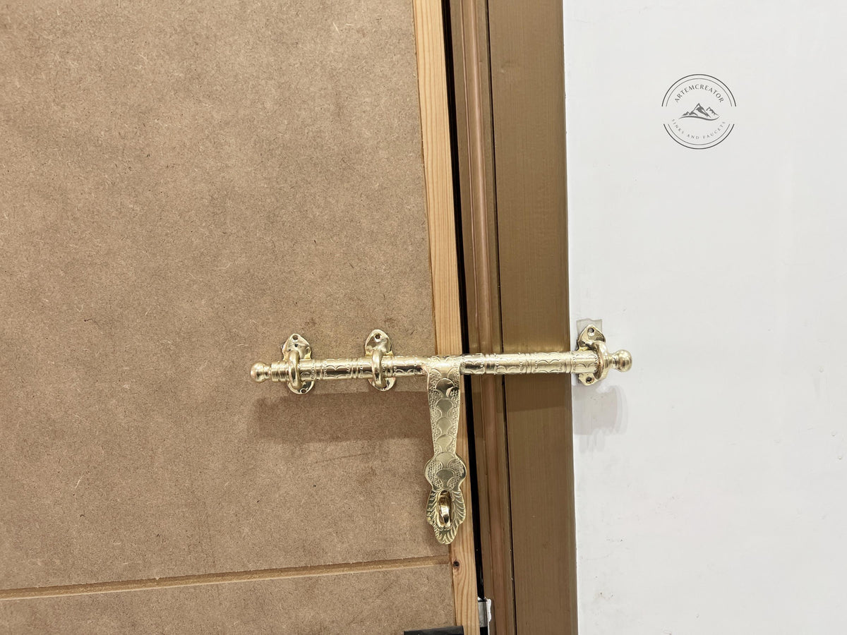 Etched Brass Sliding Door Bolt, Handmade Solid Brass Door Latch, Box Catches and Buckle Lock Kit, 7.5’’ Hasp for Doors