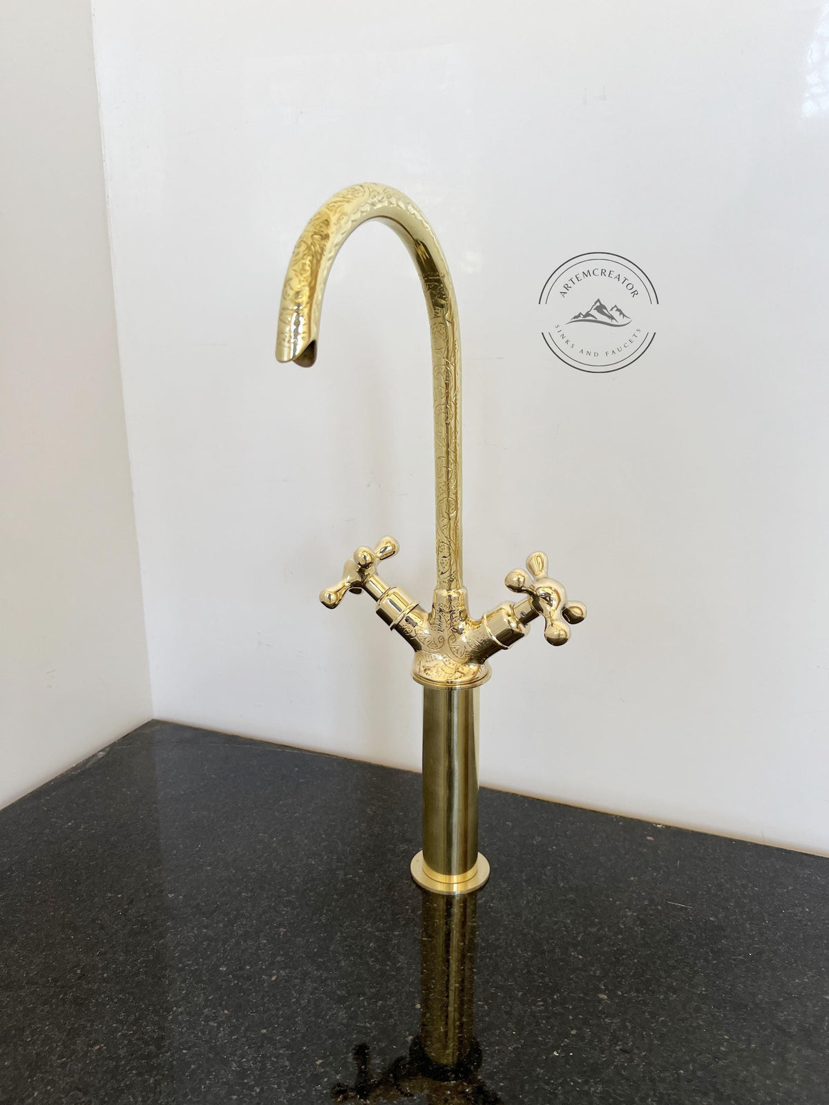 Unlacquered Brass Gooseneck Faucet with Engraved Finish, Handcrafted Solid Brass Bathroom or Kitchen Faucet, Simple Cros