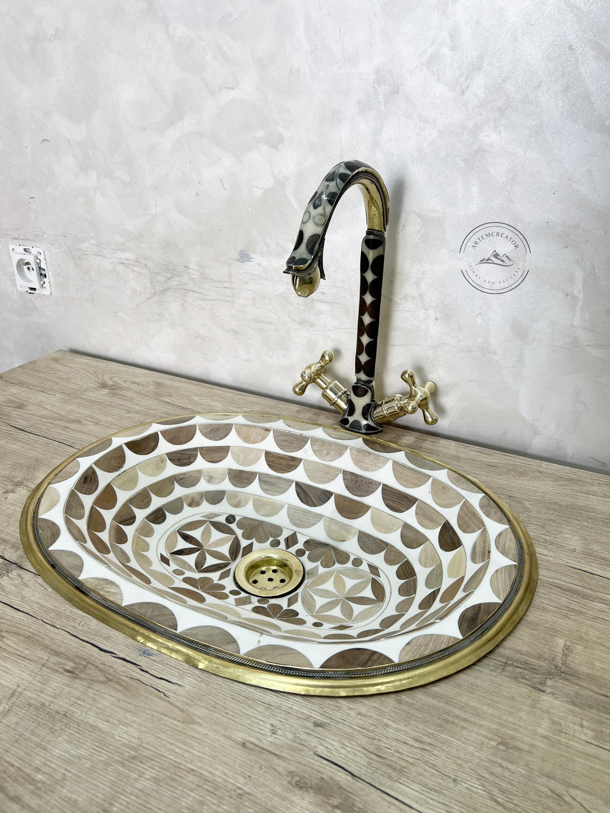 Handmade Brass Sink with Walnut Wood and Resin Inlay, Oval Bathroom Sink, Artisan Brass Vessel Basin + Free Pop-Up Drain